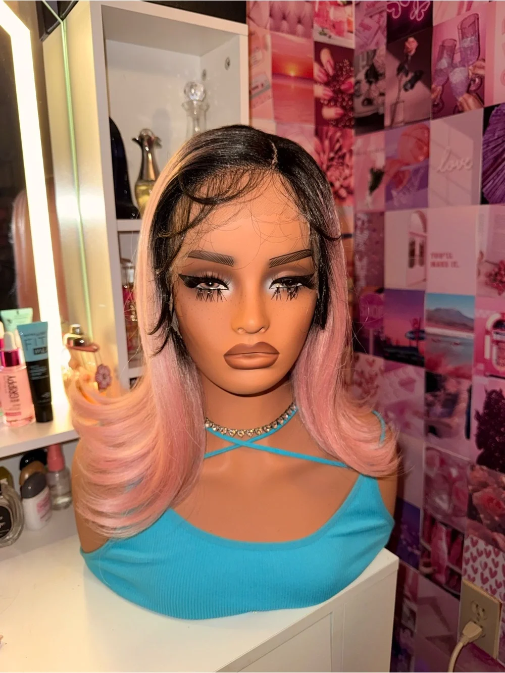 Pink Ombre Lace Front Wig Black Roots Blush Pink Bob Flipped Ends